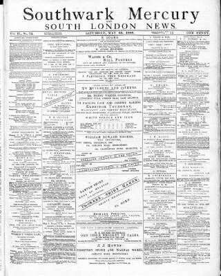 cover page of Southwark Mercury published on May 22, 1880