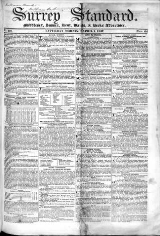 cover page of Surrey & Middlesex Standard published on April 1, 1837