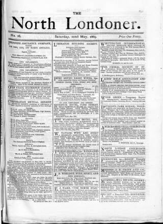 cover page of North Londoner published on May 22, 1869
