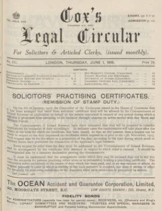 cover page of Cox's Legal Circular published on June 1, 1916