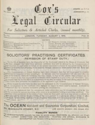 cover page of Cox's Legal Circular published on August 1, 1916