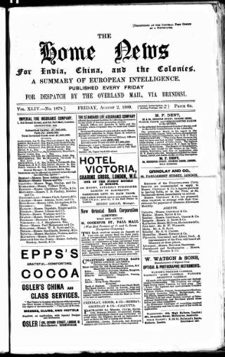 cover page of Home News for India, China and the Colonies published on August 2, 1889