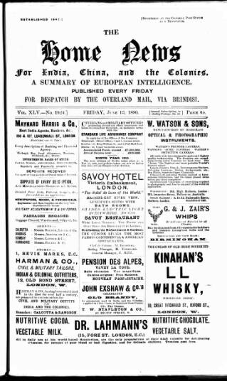 cover page of Home News for India, China and the Colonies published on June 13, 1890