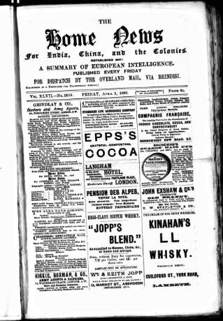 cover page of Home News for India, China and the Colonies published on April 1, 1892
