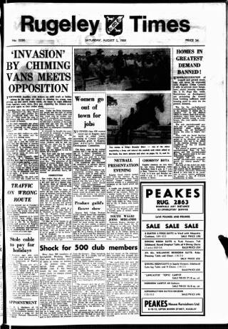 cover page of Rugeley Times published on August 2, 1969