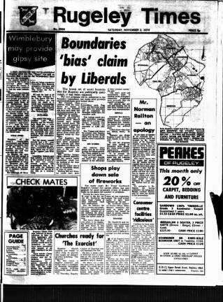 cover page of Rugeley Times published on November 2, 1974