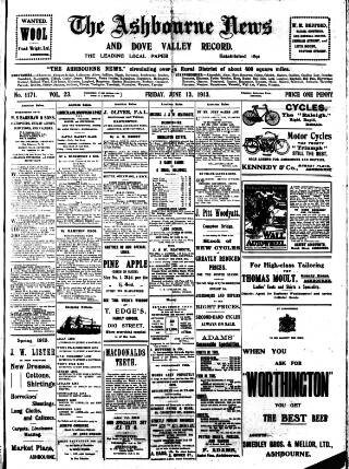 cover page of Ashbourne News Telegraph published on June 13, 1913