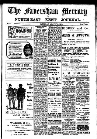 cover page of Faversham Times and Mercury and North-East Kent Journal published on August 2, 1919