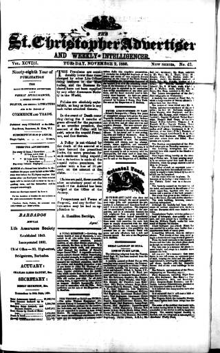 cover page of Saint Christopher Advertiser and Weekly Intelligencer published on November 2, 1880