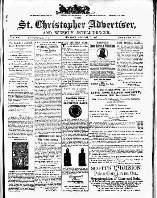 cover page of Saint Christopher Advertiser and Weekly Intelligencer published on August 2, 1887