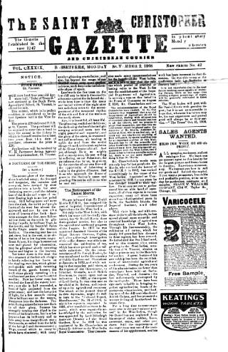 cover page of St. Christopher Gazette published on November 2, 1908