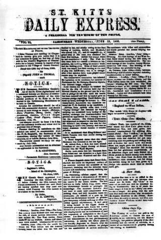 cover page of St. Kitts Daily Express published on June 13, 1906