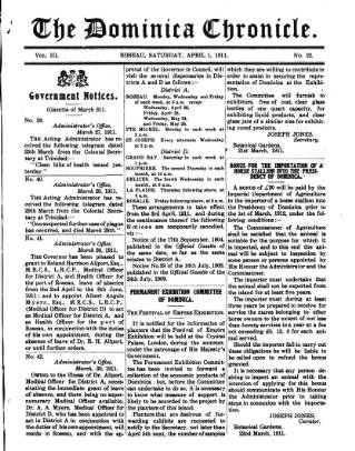 cover page of Dominica Chronicle published on April 1, 1911