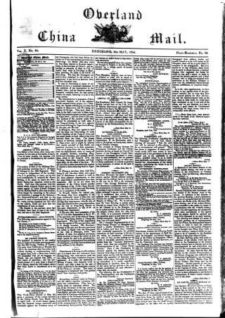 cover page of Overland China Mail published on May 22, 1854