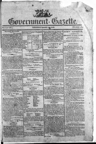 cover page of Government Gazette (India) published on September 22, 1808