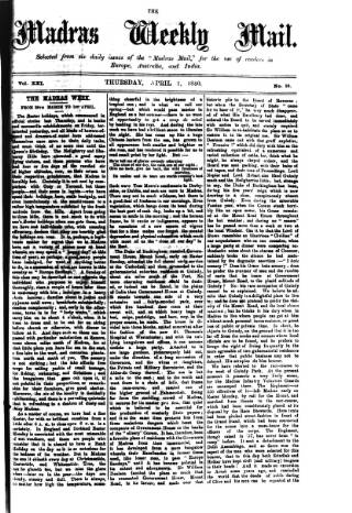 cover page of Madras Weekly Mail published on April 1, 1880