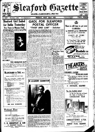 cover page of Sleaford Gazette published on May 22, 1953