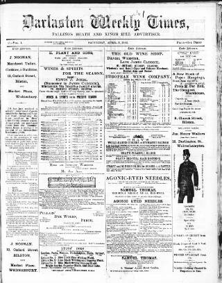 cover page of Darlaston Weekly Times published on April 1, 1882