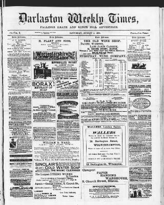 cover page of Darlaston Weekly Times published on August 2, 1884