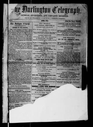 cover page of Darlington Telegraph published on April 1, 1854