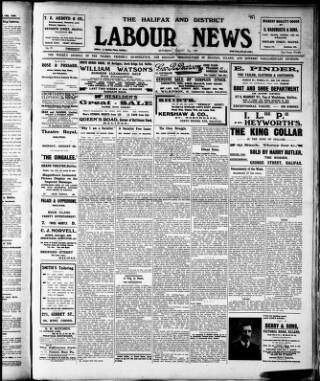 cover page of Halifax and District Labour News published on August 21, 1909