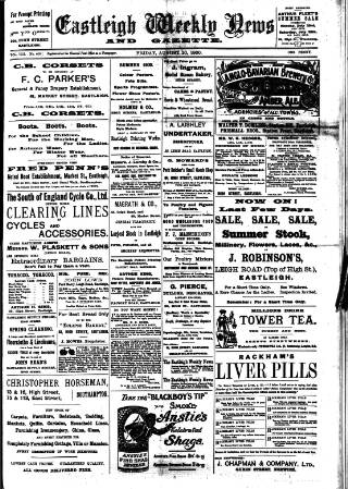 cover page of Eastleigh Weekly News published on August 10, 1900