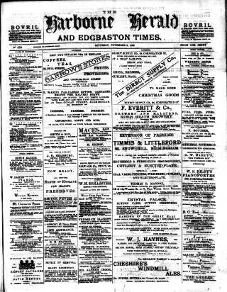 cover page of Harborne Herald published on November 2, 1889
