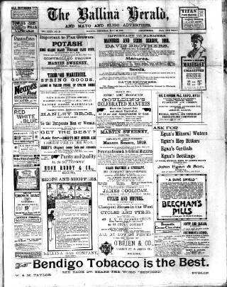 cover page of Ballina Herald and Mayo and Sligo Advertiser published on May 22, 1919