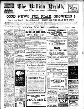 cover page of Ballina Herald and Mayo and Sligo Advertiser published on April 1, 1920