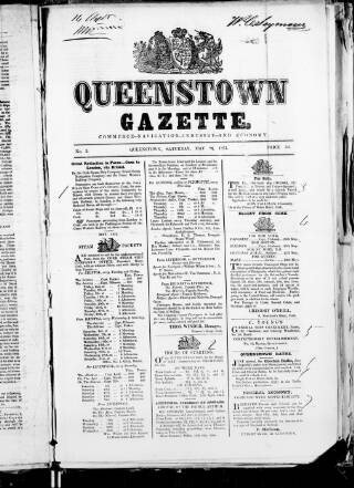 cover page of Queenstown Gazette published on May 24, 1851