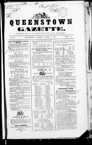 cover page of Queenstown Gazette published on August 2, 1851
