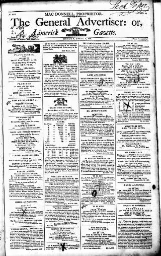 cover page of Limerick Gazette published on April 1, 1805