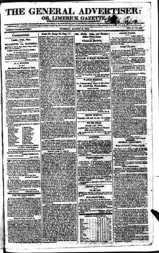 cover page of Limerick Gazette published on August 2, 1814