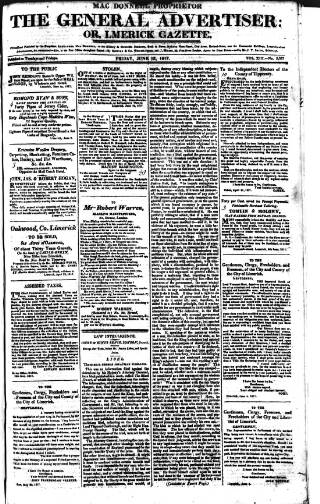 cover page of Limerick Gazette published on June 13, 1817