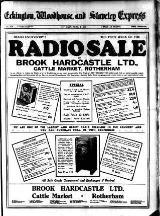 cover page of Eckington, Woodhouse and Staveley Express published on April 1, 1933