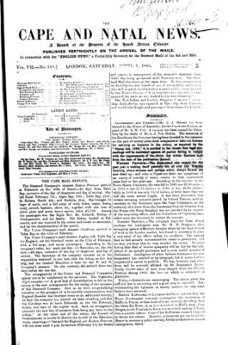 cover page of Cape and Natal News published on April 1, 1865