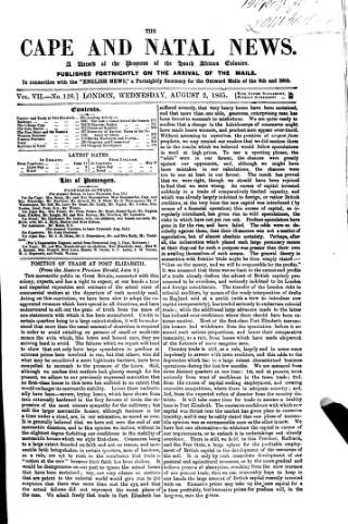 cover page of Cape and Natal News published on August 2, 1865