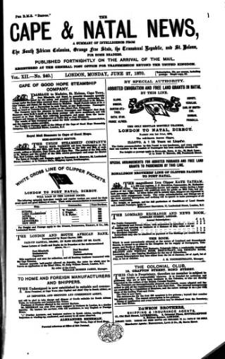 cover page of Cape and Natal News published on June 27, 1870