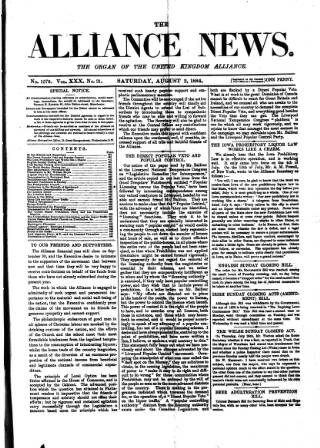 cover page of Alliance News published on August 2, 1884