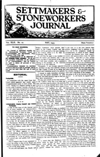 cover page of Settmakers' and Stoneworkers' Journal published on May 1, 1933