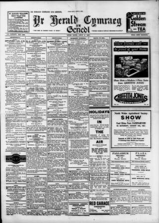 cover page of Herald Cymraeg published on August 2, 1937
