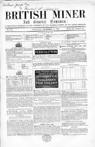 cover page of British Miner and General Newsman published on December 13, 1862