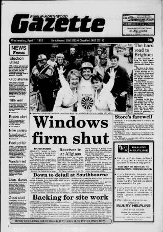 cover page of Ruislip & Northwood Gazette published on April 1, 1992