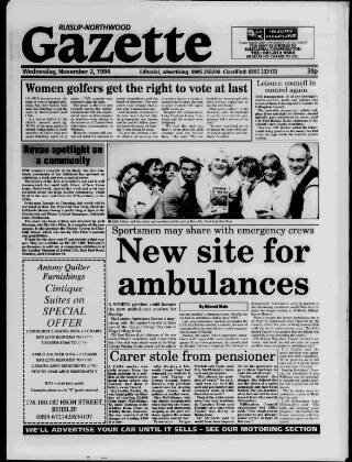 cover page of Ruislip & Northwood Gazette published on November 2, 1994