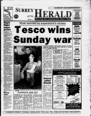 cover page of Sunbury & Shepperton Herald published on April 1, 1993