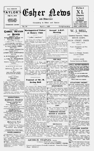 cover page of Esher News and Mail published on April 1, 1938