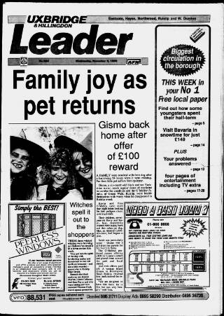 cover page of Uxbridge Leader published on November 2, 1988