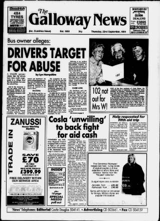 cover page of Galloway News and Kirkcudbrightshire Advertiser published on September 22, 1994