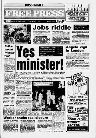 cover page of Rossendale Free Press published on June 13, 1987