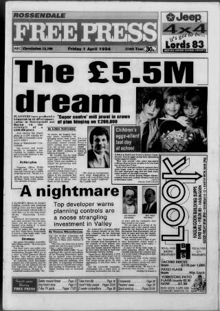cover page of Rossendale Free Press published on April 1, 1994